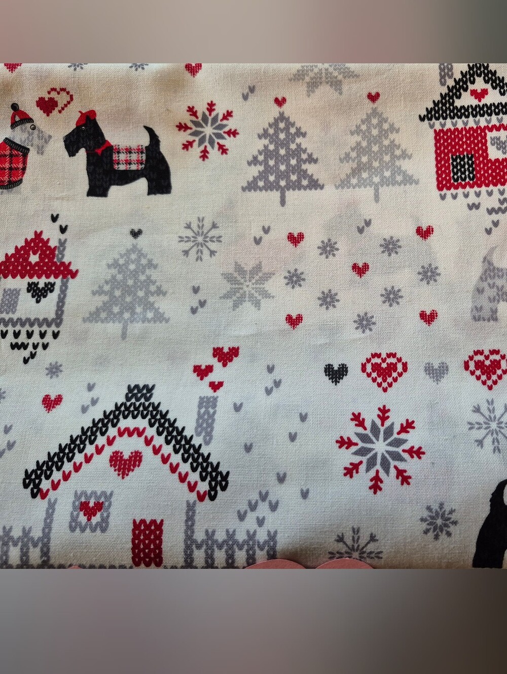 Holiday Scottie Dog and Snowflake FABRIC - Red, Black, Gray 3 Uards
